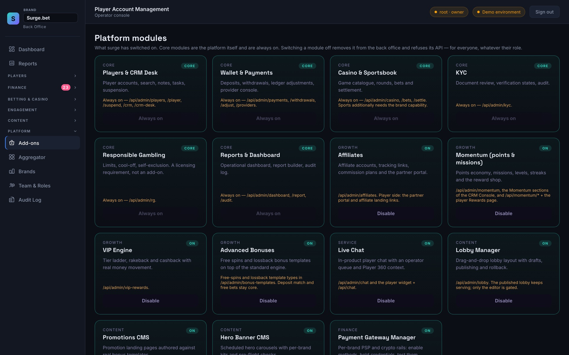 The Surge platform modules marketplace: core modules such as Players and CRM Desk, Wallet and Payments, Casino and Sportsbook, KYC, Responsible Gambling and Reports are always on, while growth, service, content and finance add-ons like Momentum, VIP Engine, Advanced Bonuses, Live Chat, Lobby Manager, Promotions CMS, Hero Banner CMS and Payment Gateway Manager can be enabled per brand.