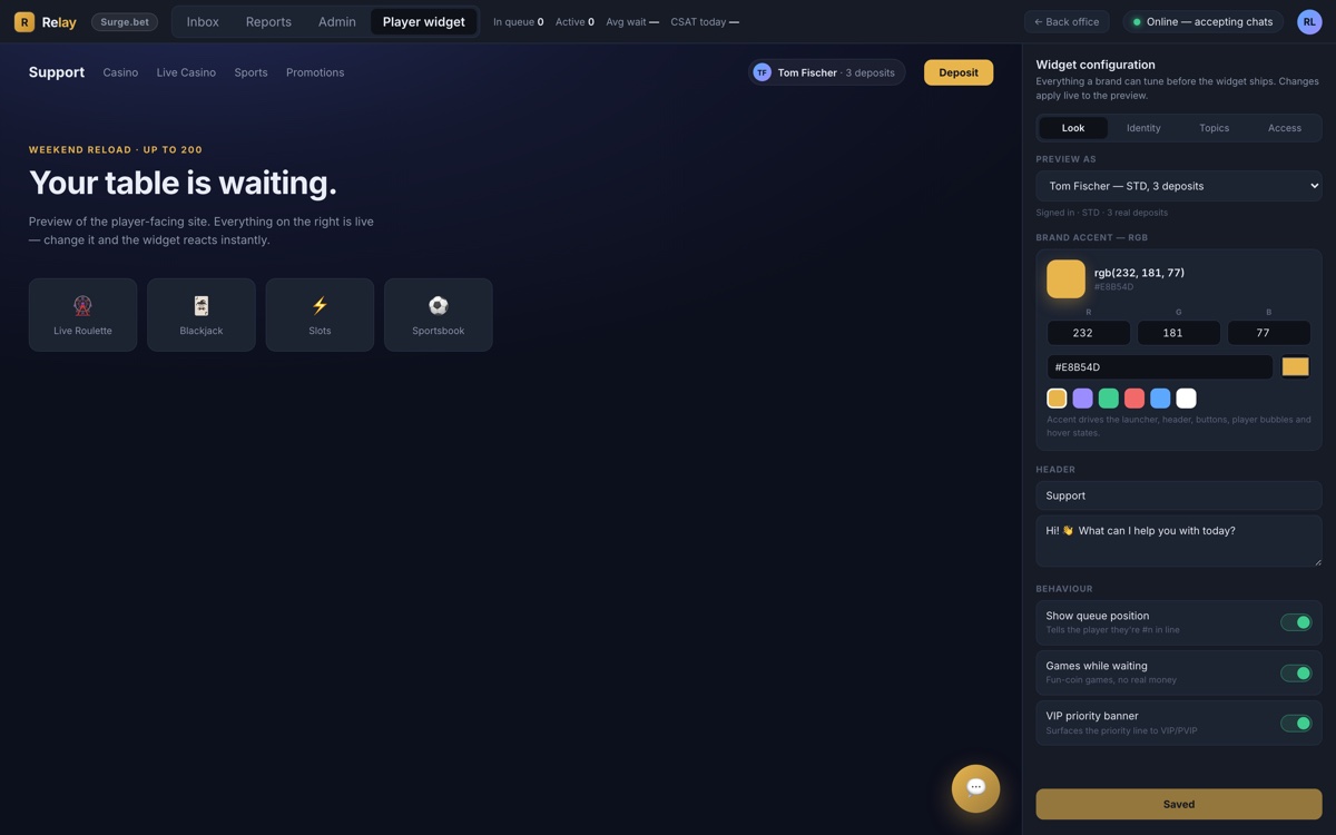 Relay, the live chat console, configuring the player widget with a live preview: brand accent colour, greeting, queue position display, fun-coin games while waiting and a VIP priority banner, previewed as a real player with deposit context.