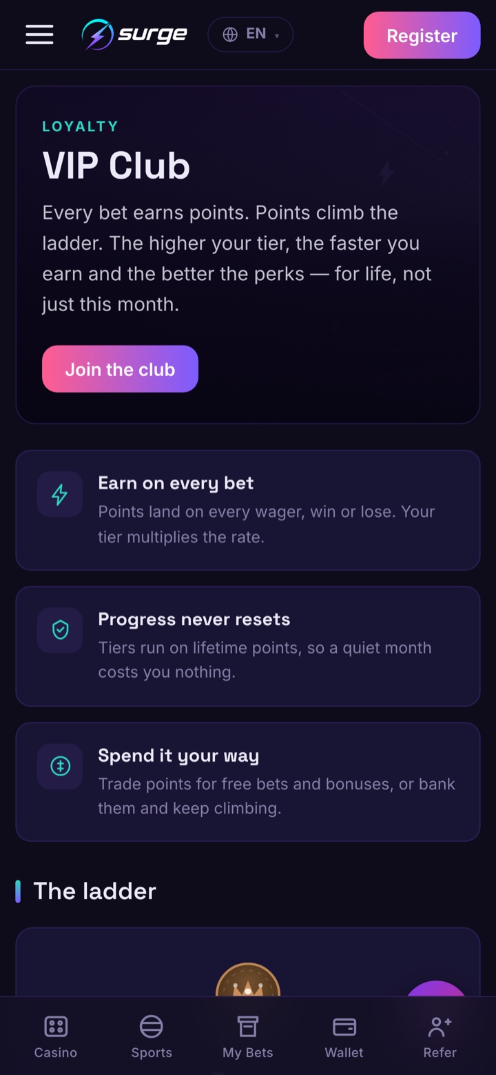 Surge VIP and rewards on mobile.