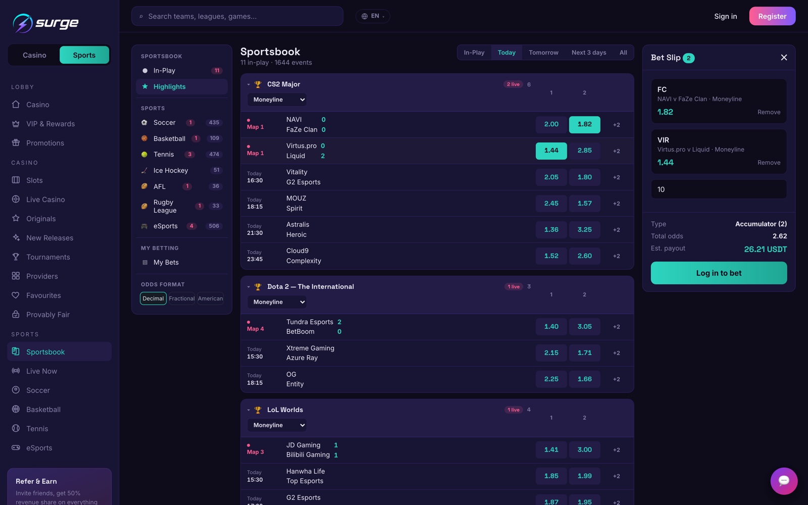 The Surge sportsbook with a two-leg accumulator in the bet slip showing live total odds and estimated payout.