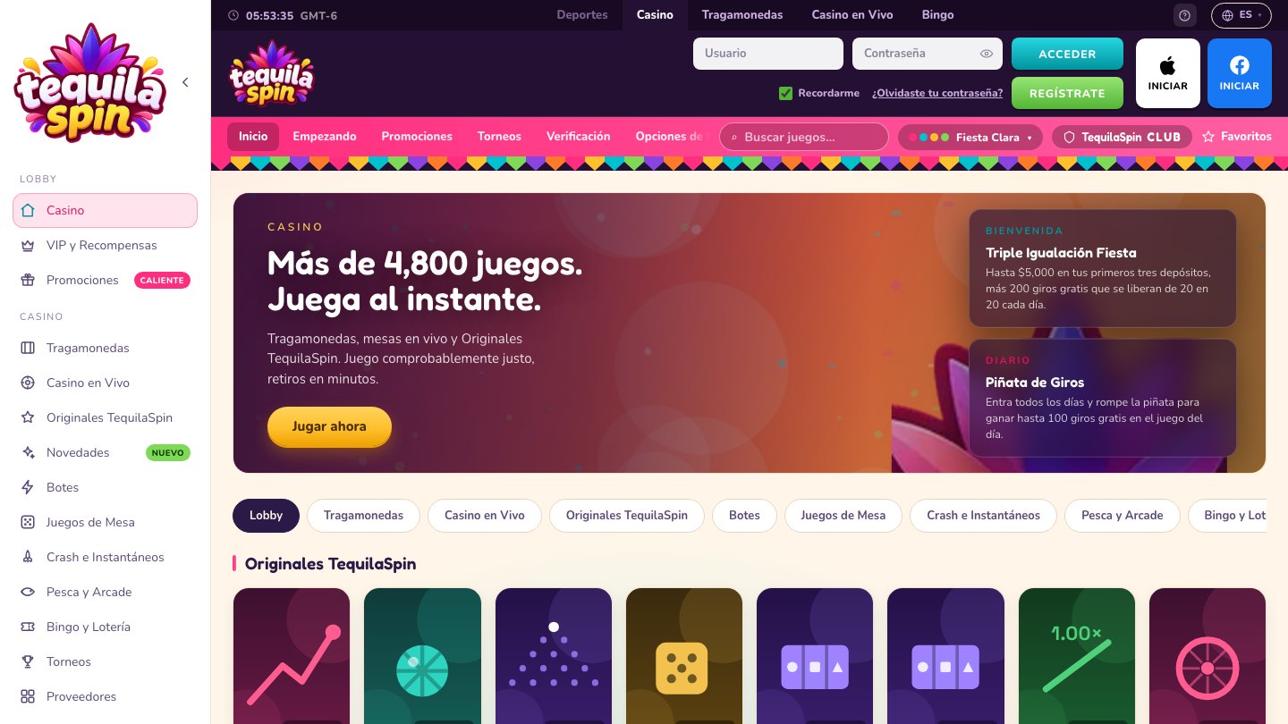 The Surge platform running the TequilaSpin demo brand: Spanish-language casino lobby with welcome and daily promos, category chips and house originals row.